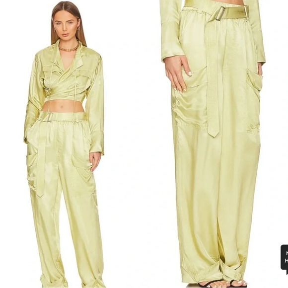 Revolve L’ACADEMIE Taylor satin cargo pants in olive green - Picture 1 of 11